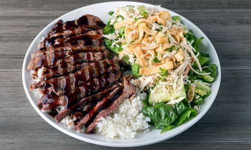 Sautéed Teriyaki Deluxe Plate over premium brown jasmine rice